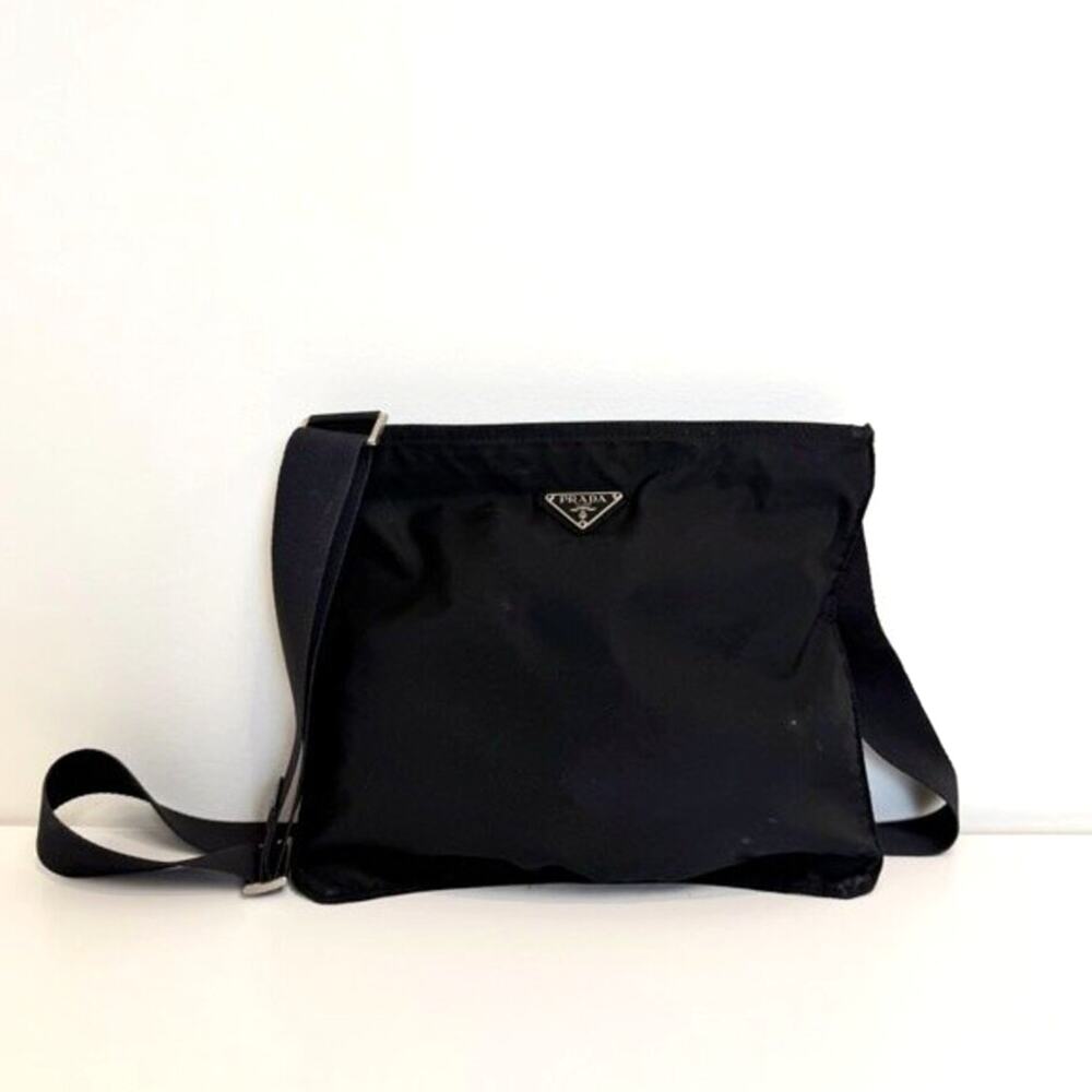 PRADA Black Nylon Silver Triangle Logo Square Medium Crossbody Shoulder Bag